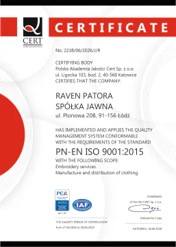 ISO 9001:2015 certificate of RAVEN PATORA – quality management system for embroidery services and the production and distribution of clothing, valid until 26 June 2029