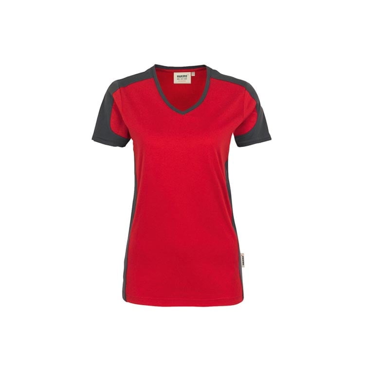 Koszulki T-Shirt - Damski konstrastowy V-Shirt Performance 190 - Hakro 190 - Red - RAVEN - koszulki reklamowe z nadrukiem, odzież reklamowa i gastronomiczna