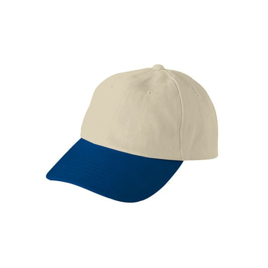 beżowo-niebieska czapka reklamowa z nadrukiem
