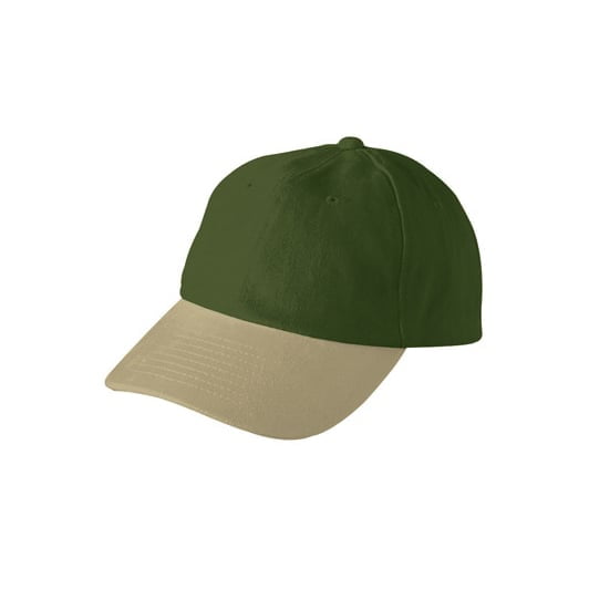 zielono-beżowa czapka reklamowa z nadrukiem