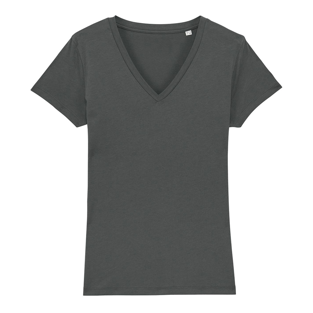 Szary t-shirt damski w serek z własnym haftowanym logo Stella Evoker