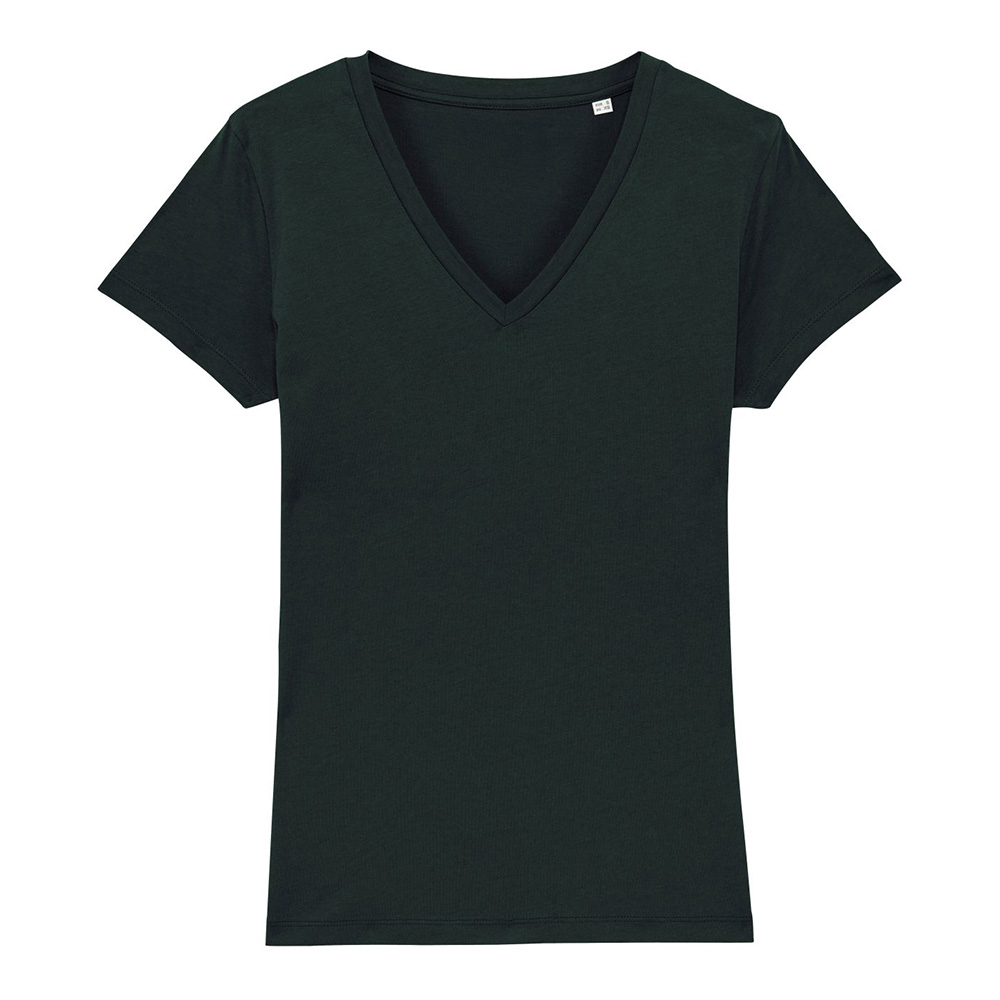 Czarny t-shirt damski w serek z własnym haftowanym logo Stella Evoker