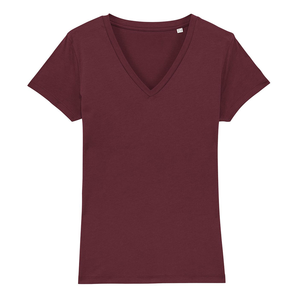Bordowy t-shirt damski w serek z własnym haftowanym logo Stella Evoker