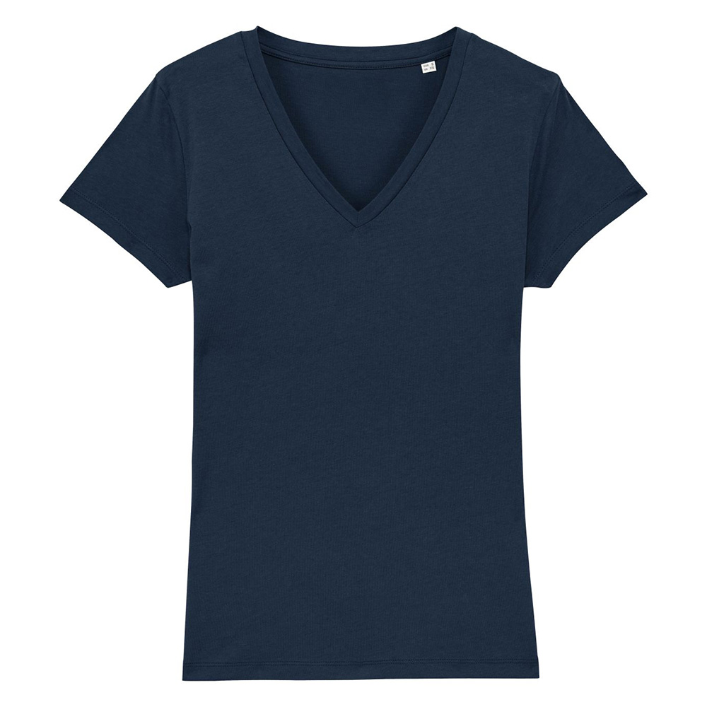 Granatowy t-shirt damski w serek z własnym haftowanym logo Stella Evoker