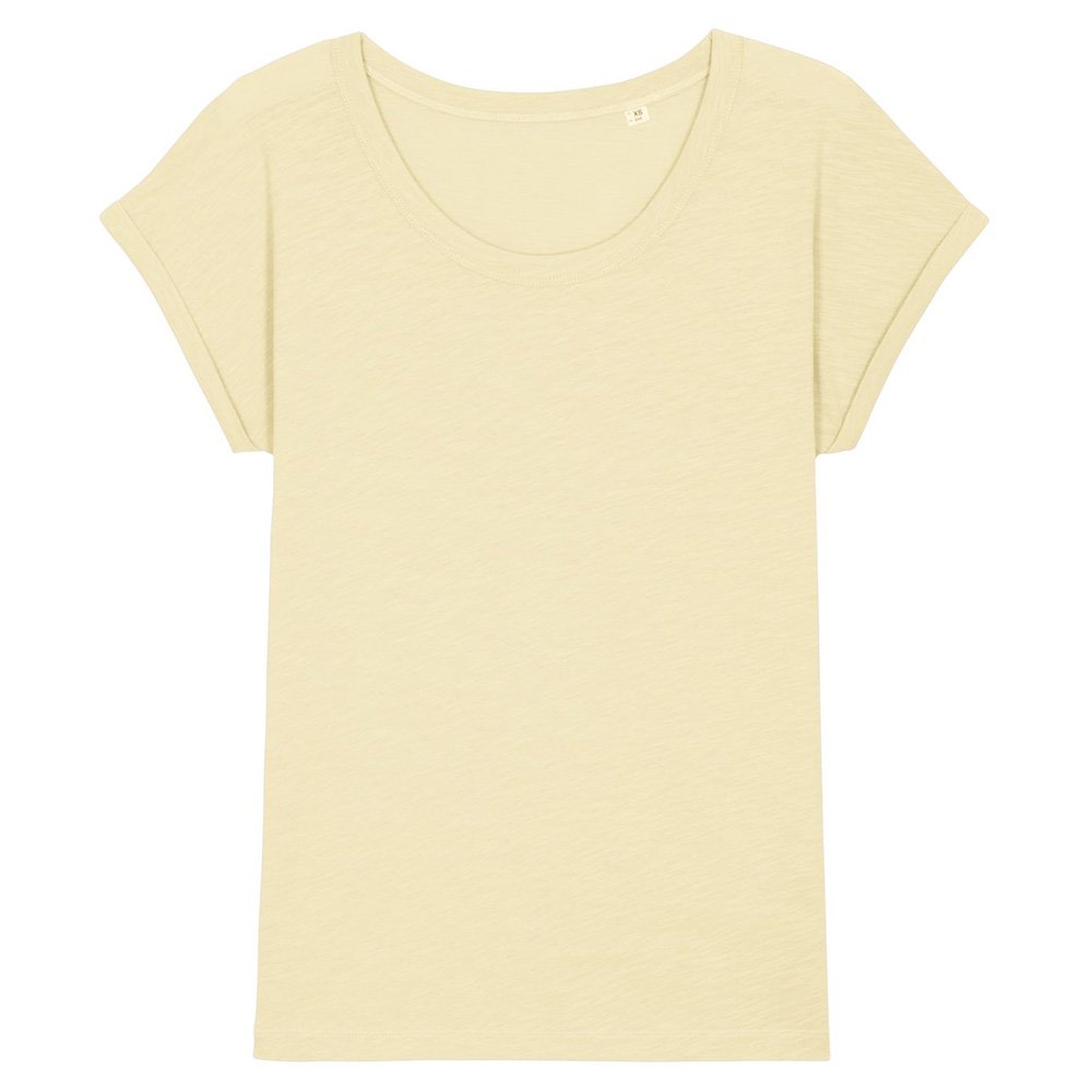 Żółty damski t-shirt z certyfikowanej bawełny organicznej z drukowanym logo firmy