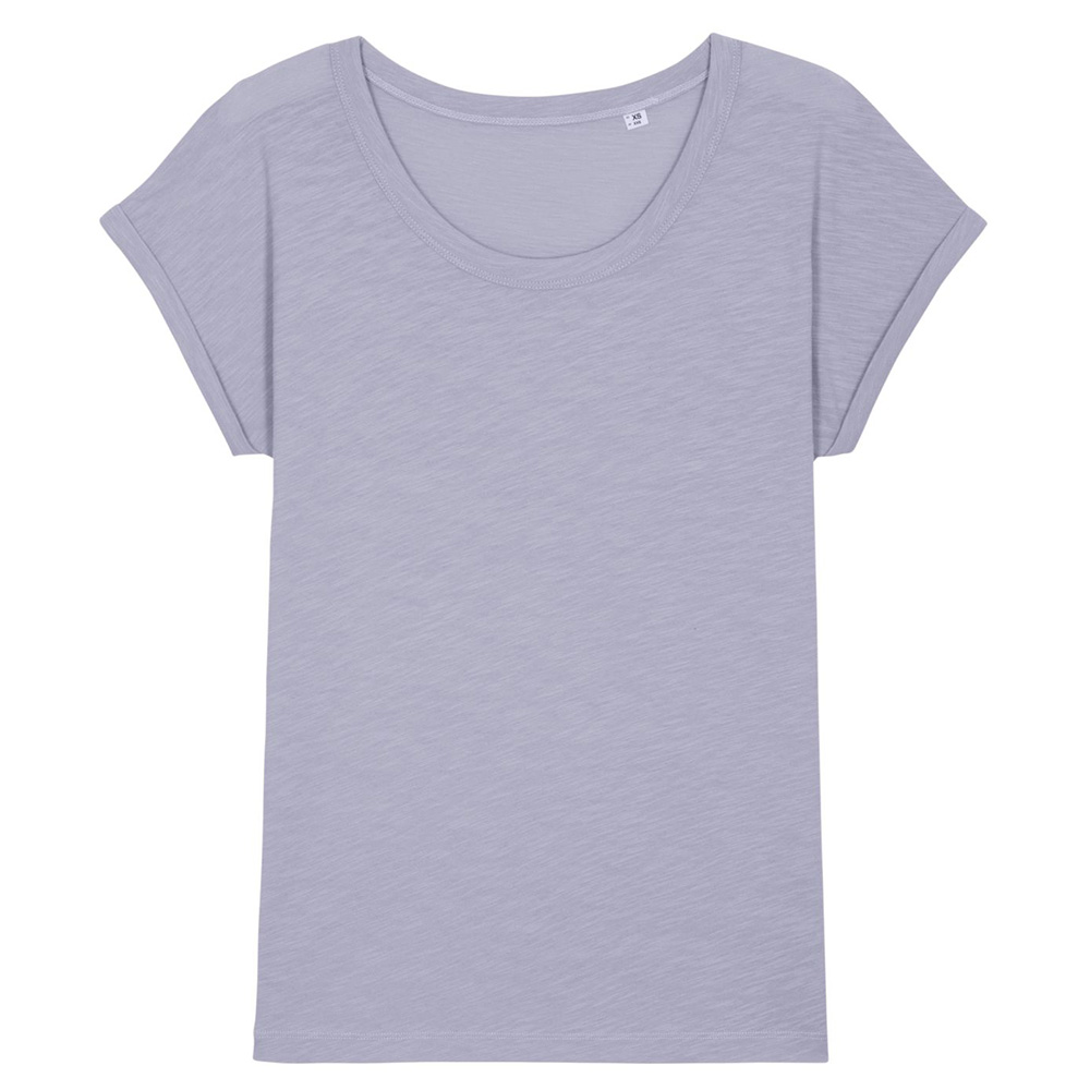 Lawendowy damski t-shirt z certyfikowanej bawełny organicznej z drukowanym logo firmy