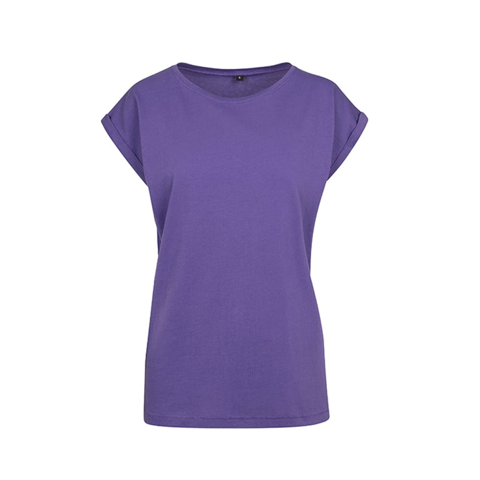 Damska bawełniana koszulka fioletowa z własnym haftem firmowym Build Your Brand Extended Shoulder BY021