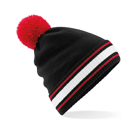 Black/Classic Red/White - Kontrastowa czapka zimowa z pomponem