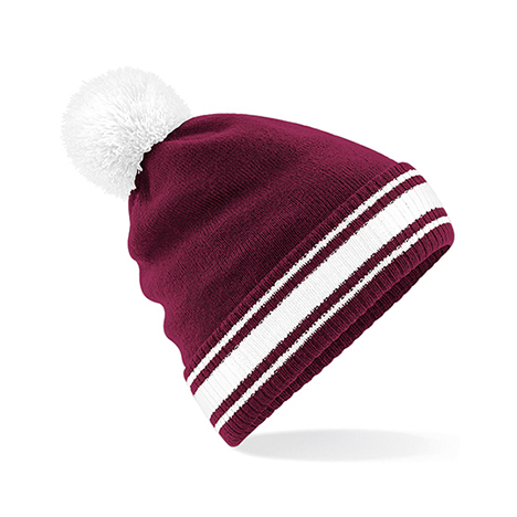 Burgundy/White - Kontrastowa czapka zimowa z pomponem