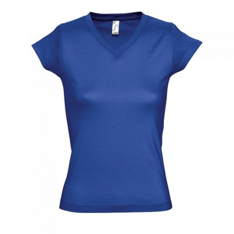 Niebieski damski t-shirt w serek z drukowanym własnym logo V-neck Moon Sol's 11388