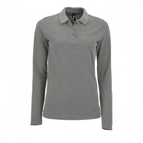Grey Melange - Damska koszulka polo z długim rękawem Perfect
