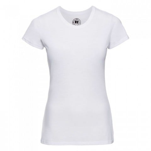 Biała damska koszulka z własnym logo firmy Russell R-165F-0