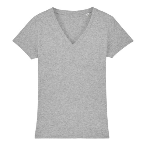 Szary melanżowy t-shirt damski w serek z własnym haftowanym logo Stella Evoker
