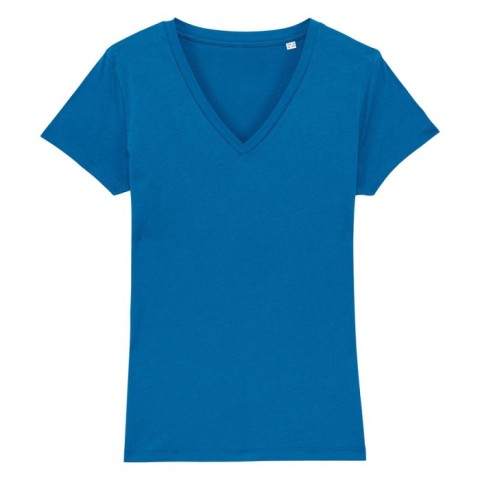 Niebieski t-shirt damski w serek z własnym haftowanym logo Stella Evoker