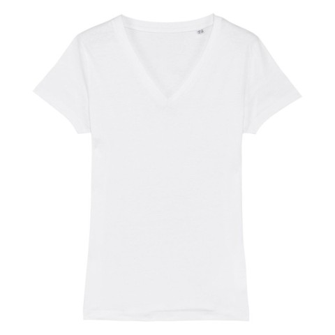 Biały t-shirt damski w serek z własnym haftowanym logo Stella Evoker