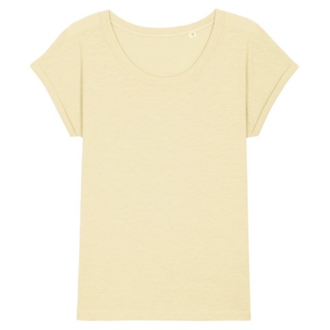 Żółty damski t-shirt z certyfikowanej bawełny organicznej z drukowanym logo firmy