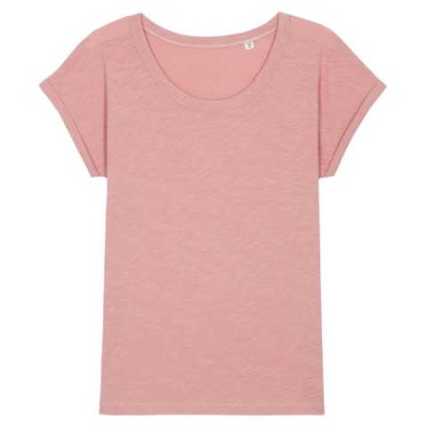 Różowy damski t-shirt z certyfikowanej bawełny organicznej z drukowanym logo firmy