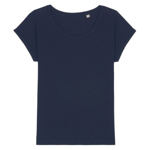 Granatowy damski t-shirt z certyfikowanej bawełny organicznej z drukowanym logo firmy