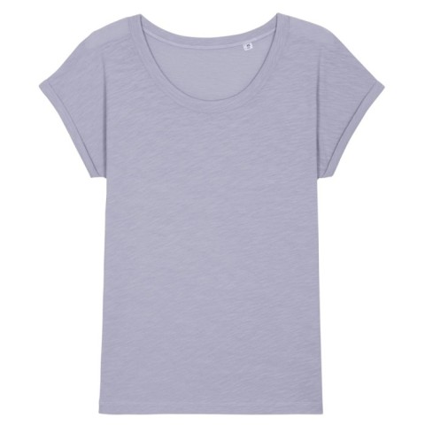Lawendowy damski t-shirt z certyfikowanej bawełny organicznej z drukowanym logo firmy