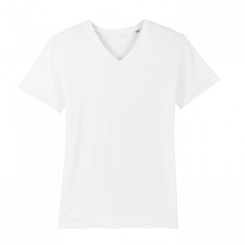 Męski biały t-shirt w serek z drukowanym logo firmowym Stanley Presenter Stanley Stella