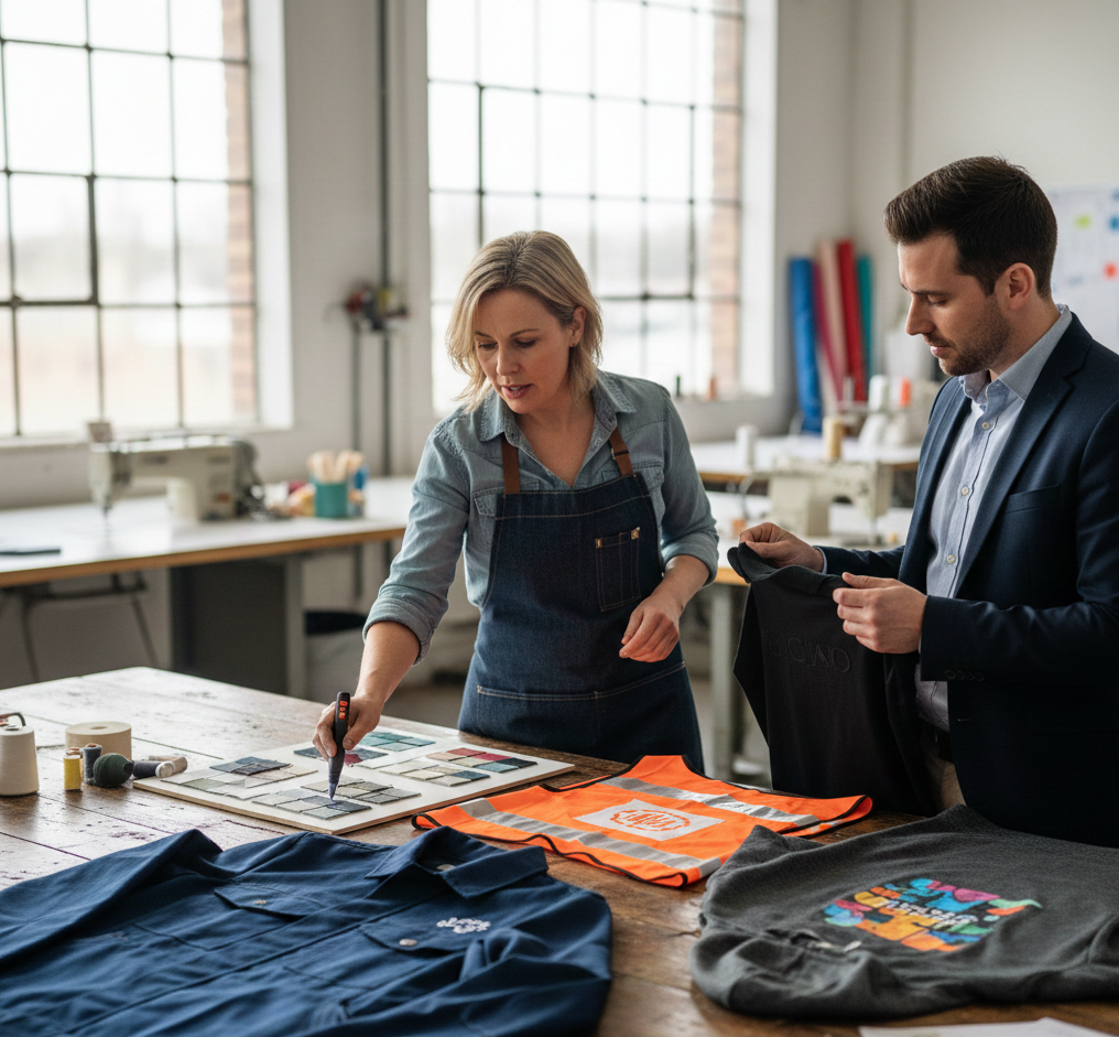 Specjalista pomaga wybrać odpowiednią metodę nadruku logo na odzieży roboczej